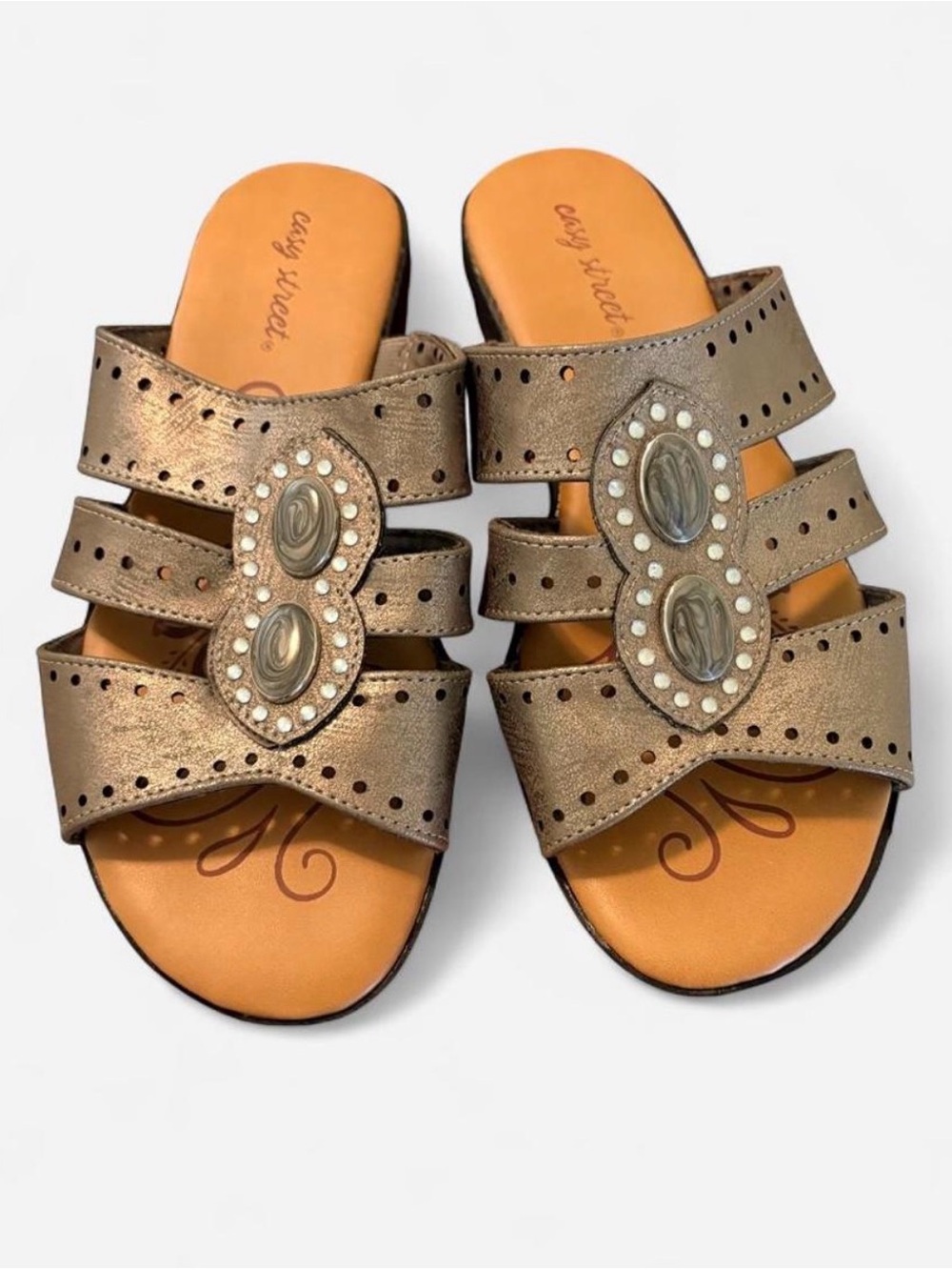 easy street Bronze Metallic Embellished Slide Sandals